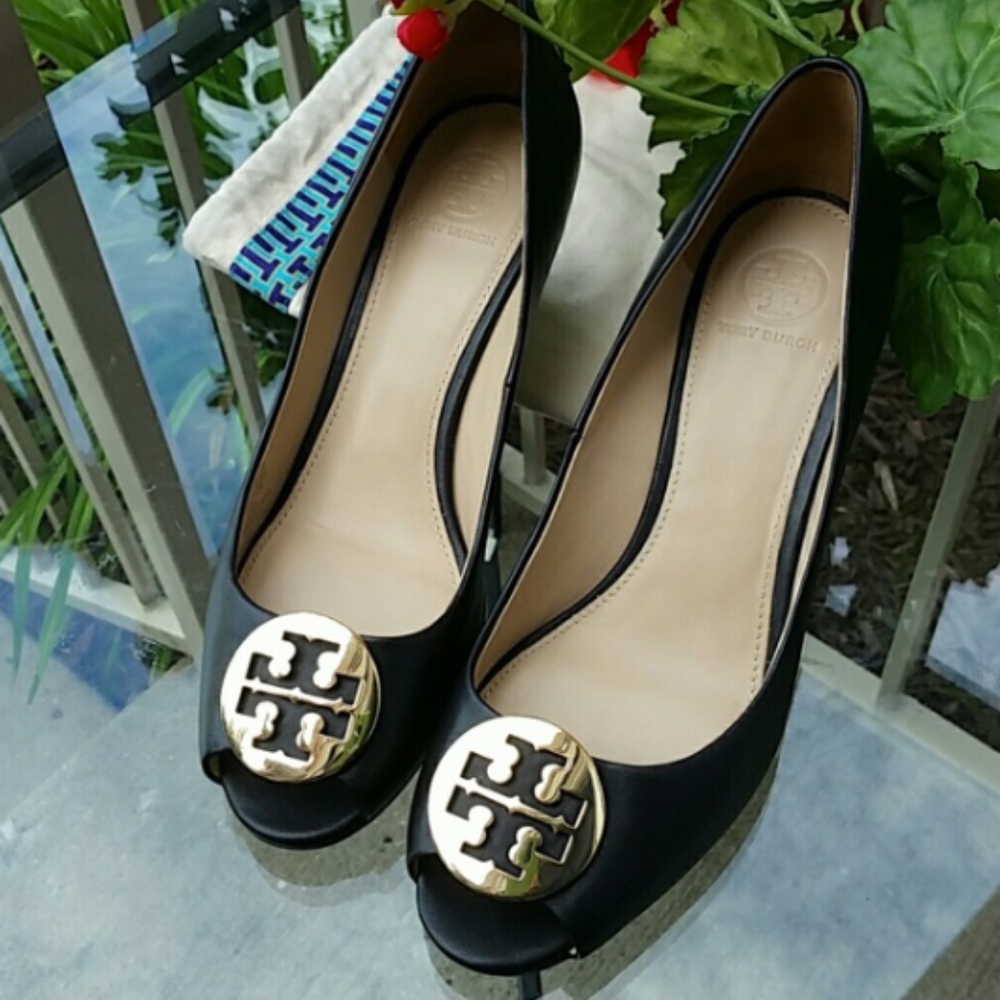 NEW! Tory Burch Kara Leather Peep Toe Wedges